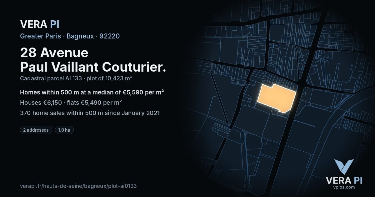 28 Avenue Paul Vaillant Couturier, Bagneux at night – the plot lit, the parcels around coloured by the prices near them