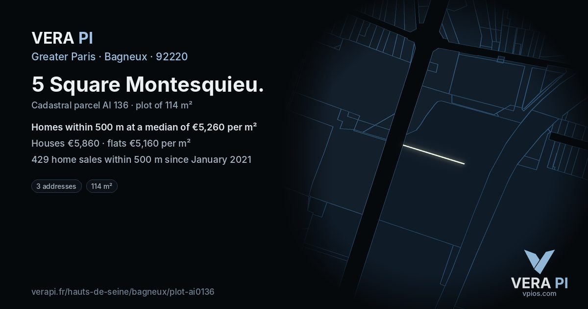 5 Square Montesquieu, Bagneux at night – the plot lit, the parcels around coloured by the prices near them