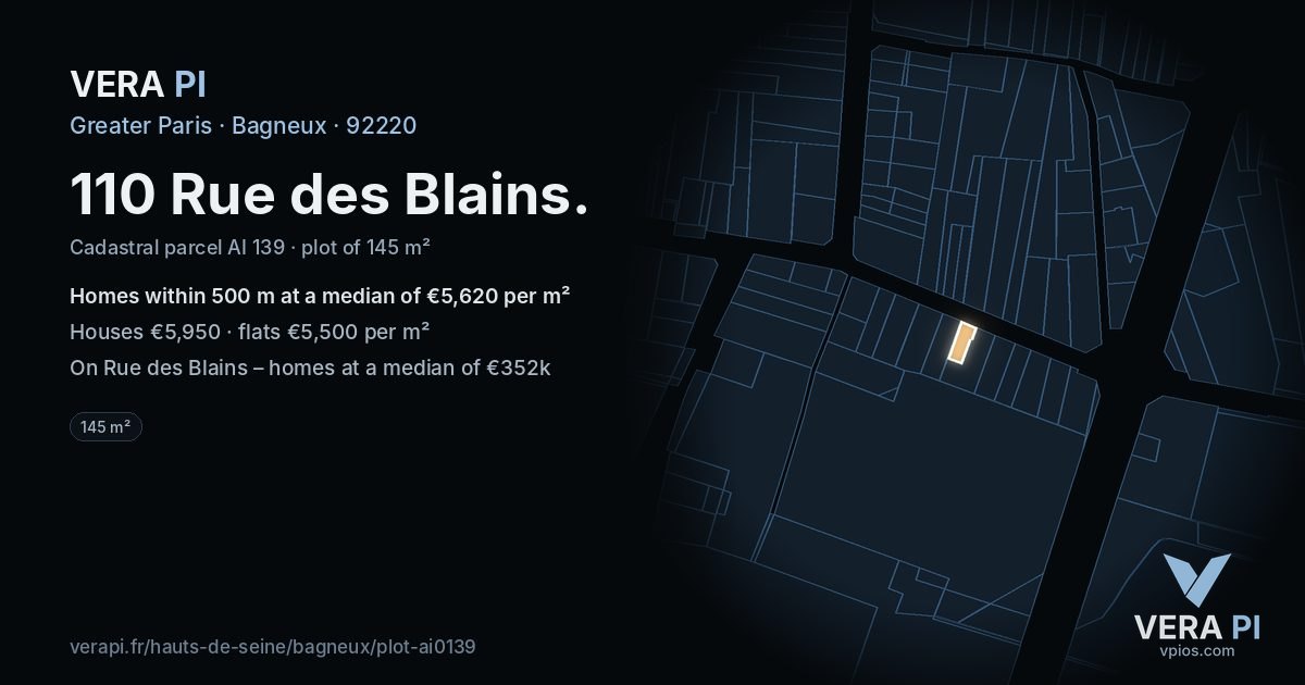 110 Rue des Blains, Bagneux at night – the plot lit, the parcels around coloured by the prices near them