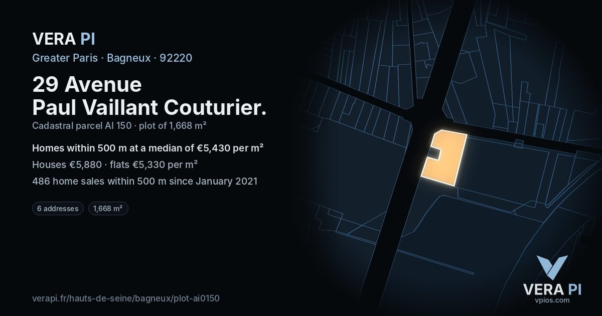29 Avenue Paul Vaillant Couturier, Bagneux at night – the plot lit, the parcels around coloured by the prices near them