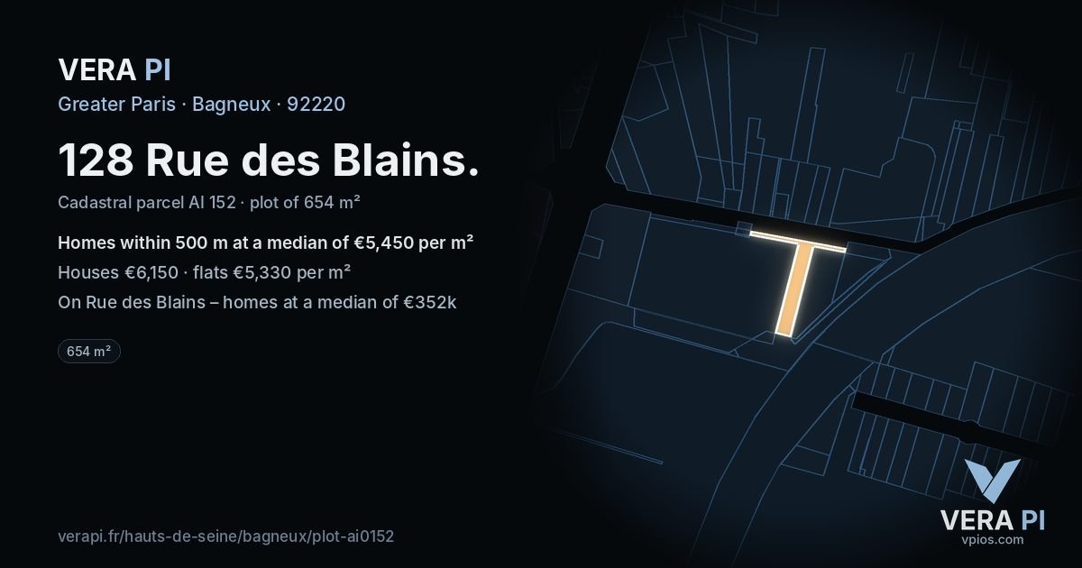 128 Rue des Blains, Bagneux at night – the plot lit, the parcels around coloured by the prices near them