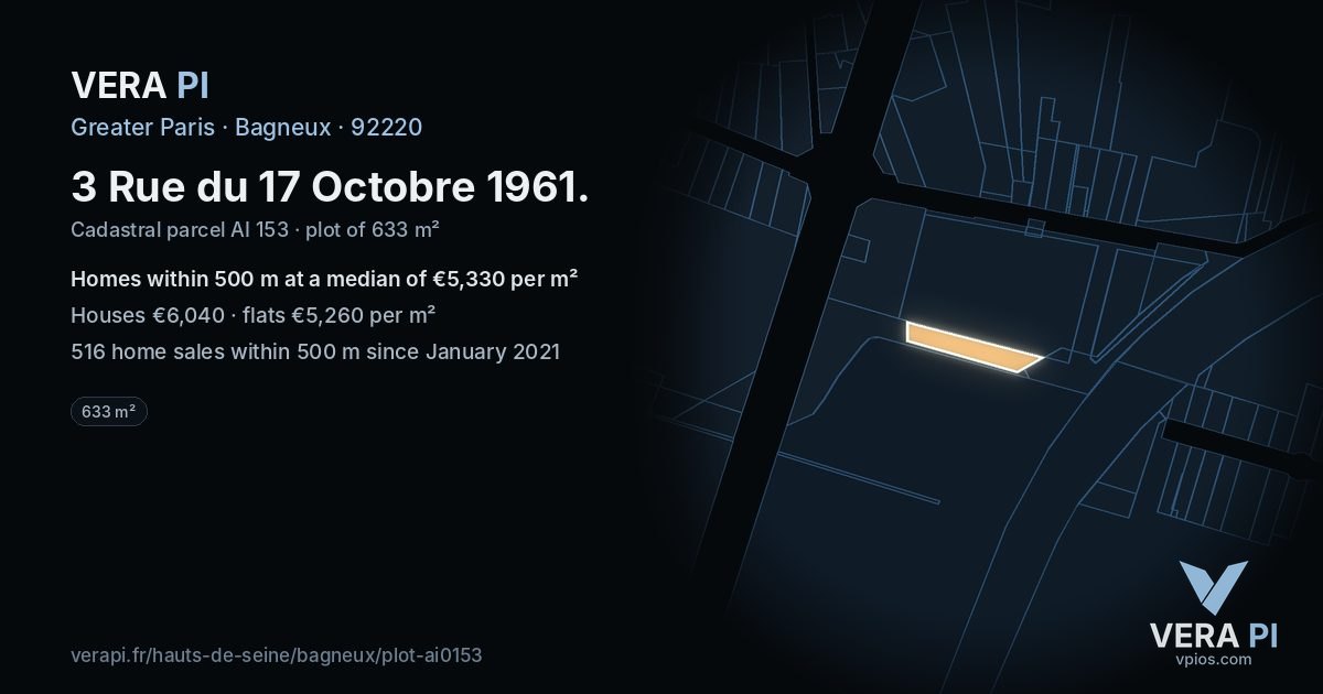 3 Rue du 17 Octobre 1961, Bagneux at night – the plot lit, the parcels around coloured by the prices near them