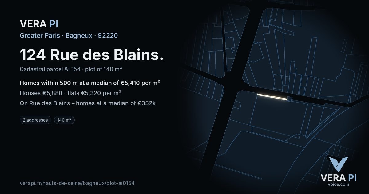 124 Rue des Blains, Bagneux at night – the plot lit, the parcels around coloured by the prices near them
