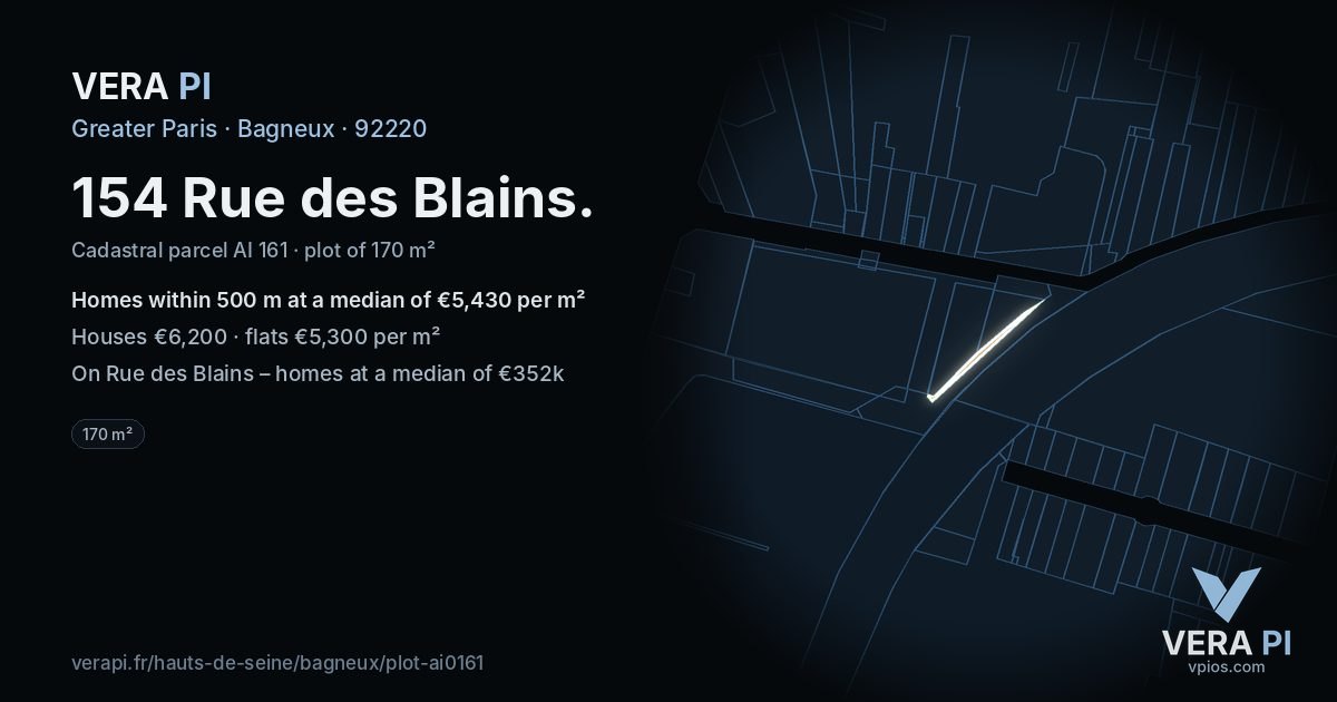 154 Rue des Blains, Bagneux at night – the plot lit, the parcels around coloured by the prices near them