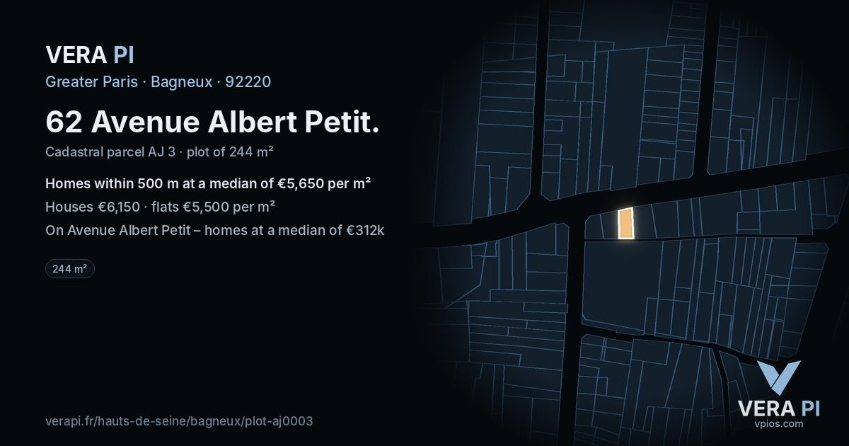 62 Avenue Albert Petit, Bagneux at night – the plot lit, the parcels around coloured by the prices near them