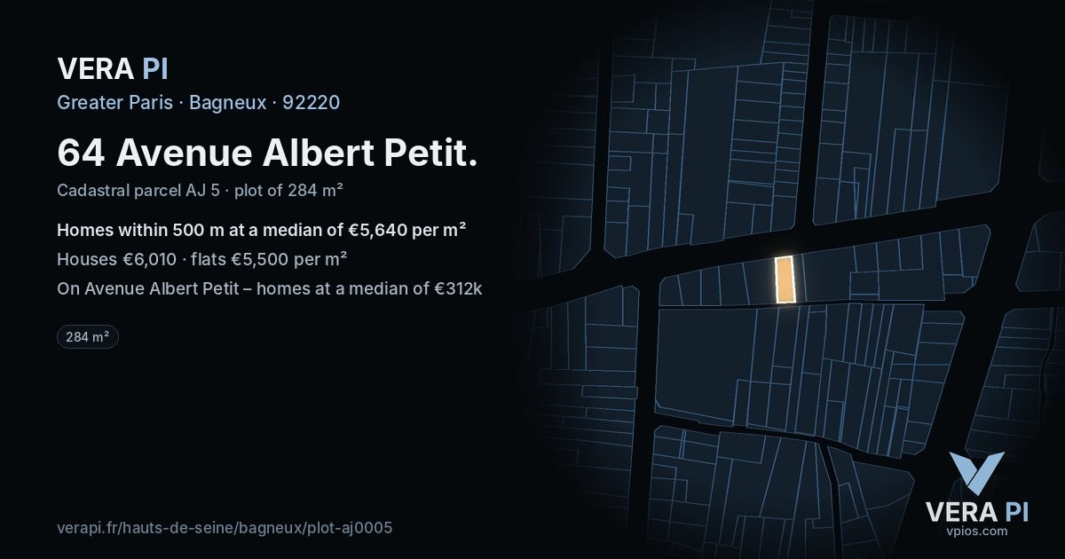 64 Avenue Albert Petit, Bagneux at night – the plot lit, the parcels around coloured by the prices near them