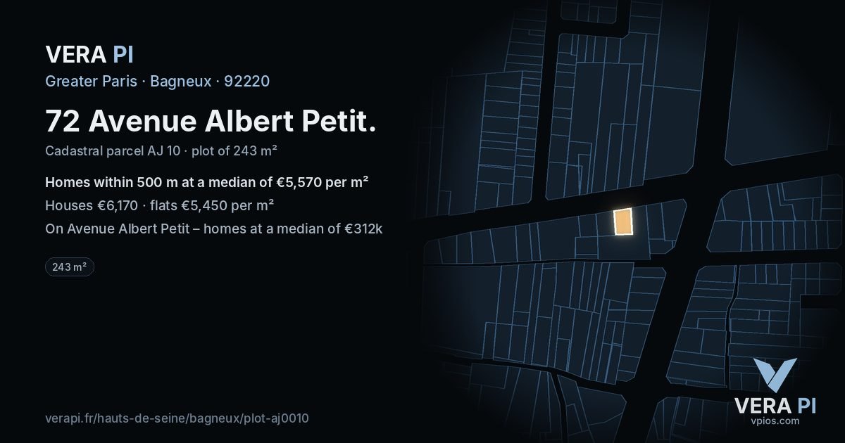 72 Avenue Albert Petit, Bagneux at night – the plot lit, the parcels around coloured by the prices near them