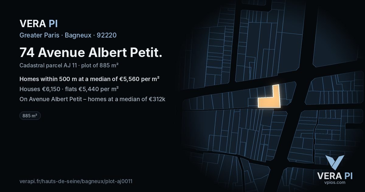74 Avenue Albert Petit, Bagneux at night – the plot lit, the parcels around coloured by the prices near them