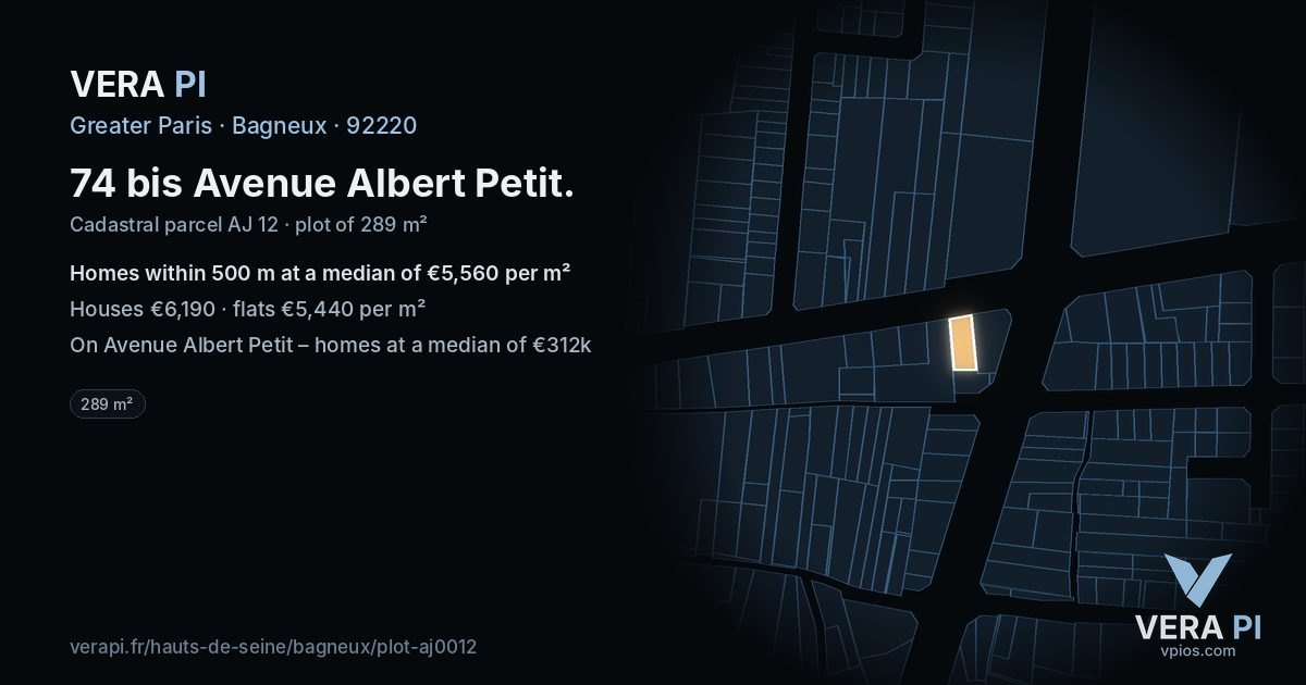 74 bis Avenue Albert Petit, Bagneux at night – the plot lit, the parcels around coloured by the prices near them