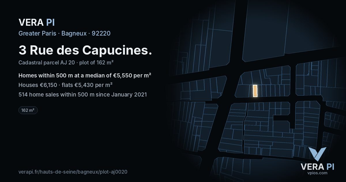3 Rue des Capucines, Bagneux at night – the plot lit, the parcels around coloured by the prices near them