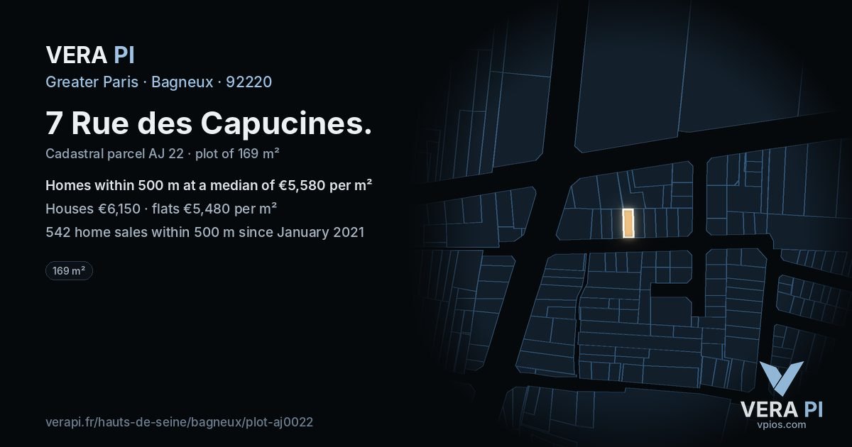 7 Rue des Capucines, Bagneux at night – the plot lit, the parcels around coloured by the prices near them