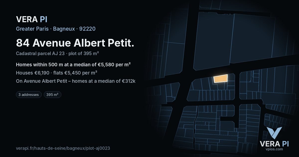 84 Avenue Albert Petit, Bagneux at night – the plot lit, the parcels around coloured by the prices near them