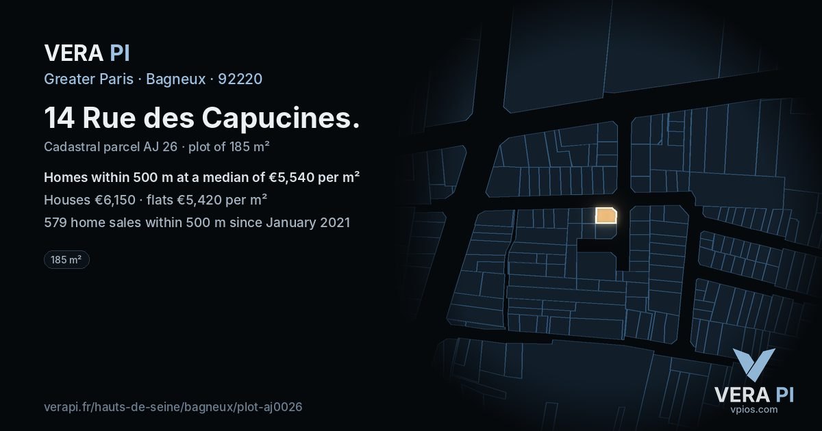 14 Rue des Capucines, Bagneux at night – the plot lit, the parcels around coloured by the prices near them