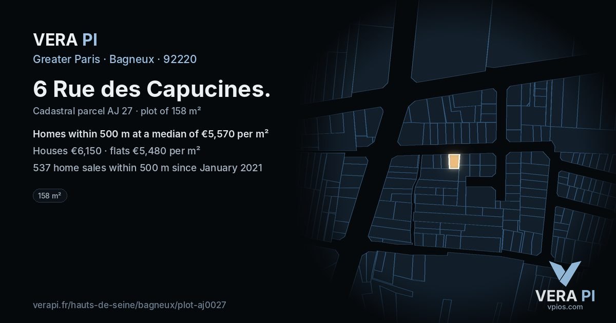 6 Rue des Capucines, Bagneux at night – the plot lit, the parcels around coloured by the prices near them
