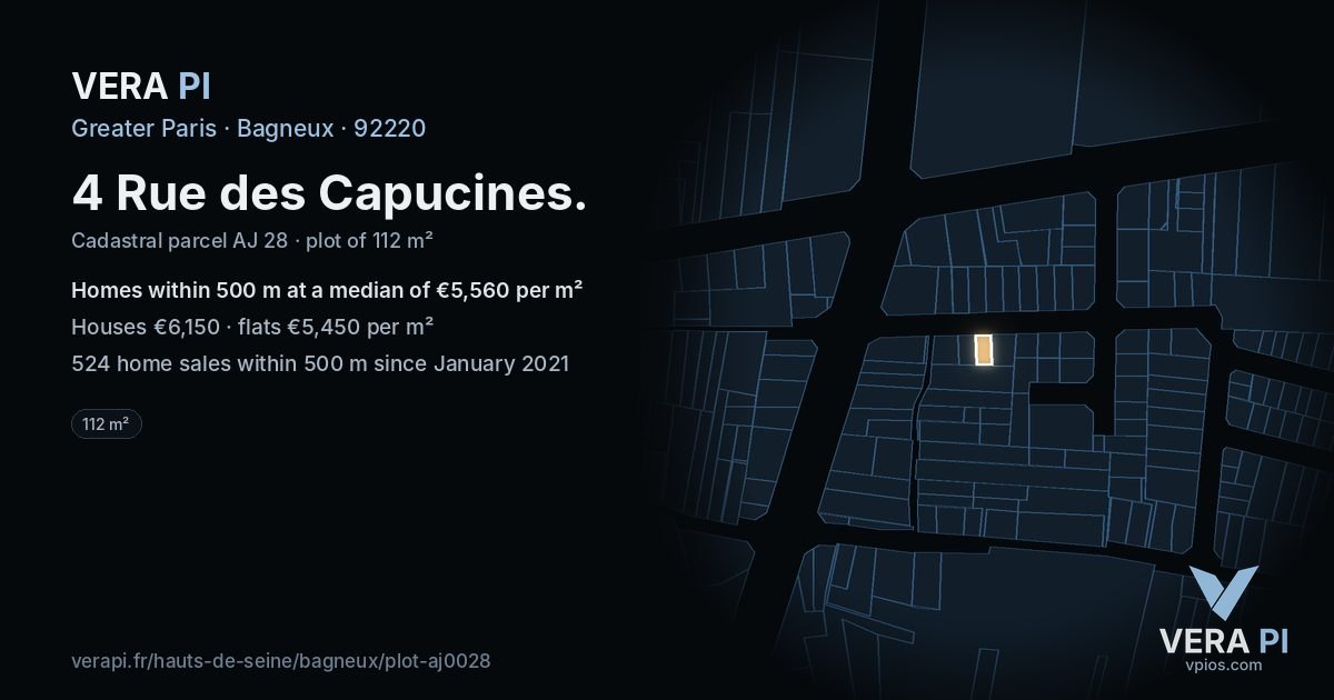 4 Rue des Capucines, Bagneux at night – the plot lit, the parcels around coloured by the prices near them