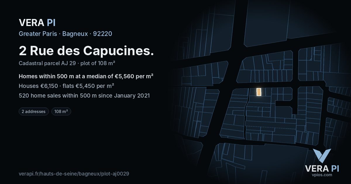 2 Rue des Capucines, Bagneux at night – the plot lit, the parcels around coloured by the prices near them