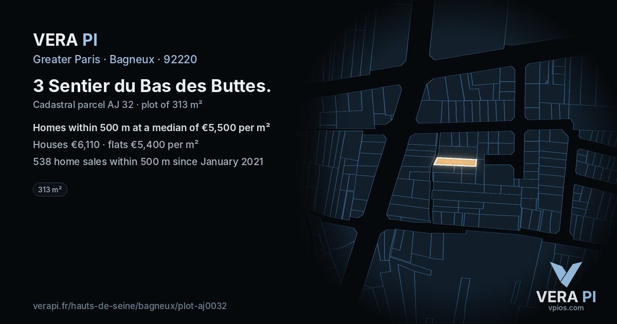 3 Sentier du Bas des Buttes, Bagneux at night – the plot lit, the parcels around coloured by the prices near them