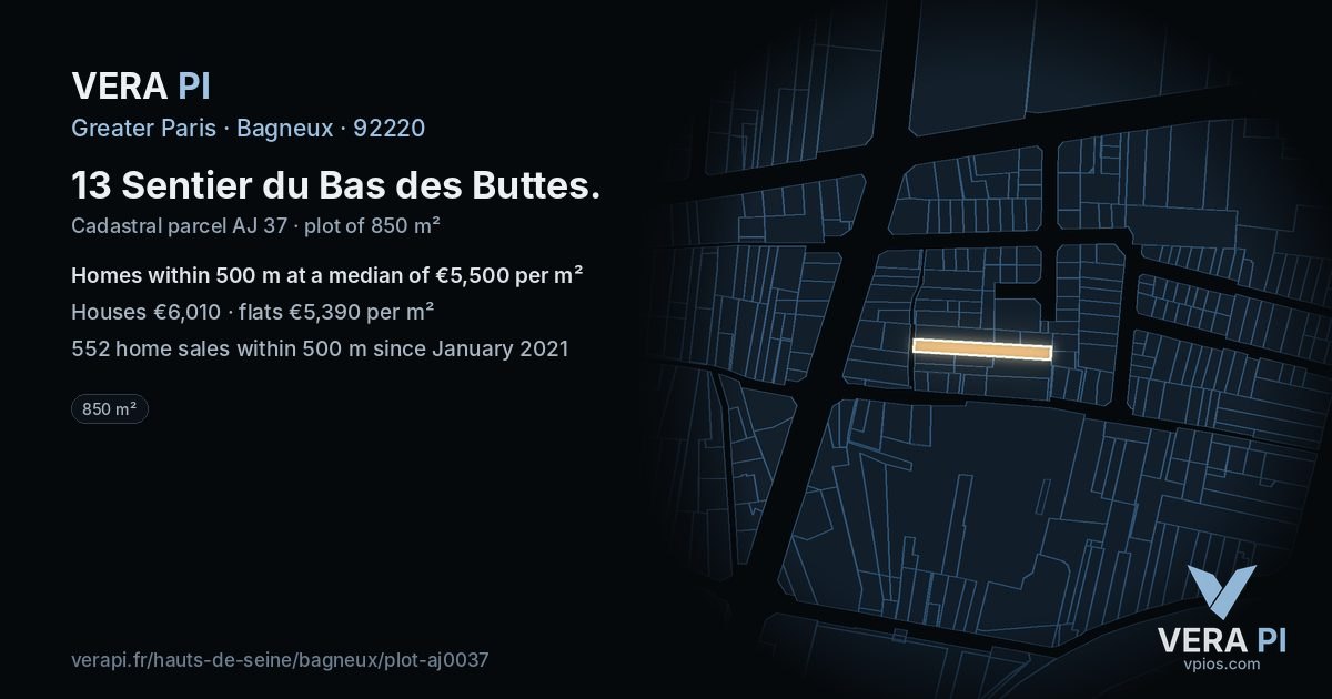 13 Sentier du Bas des Buttes, Bagneux at night – the plot lit, the parcels around coloured by the prices near them