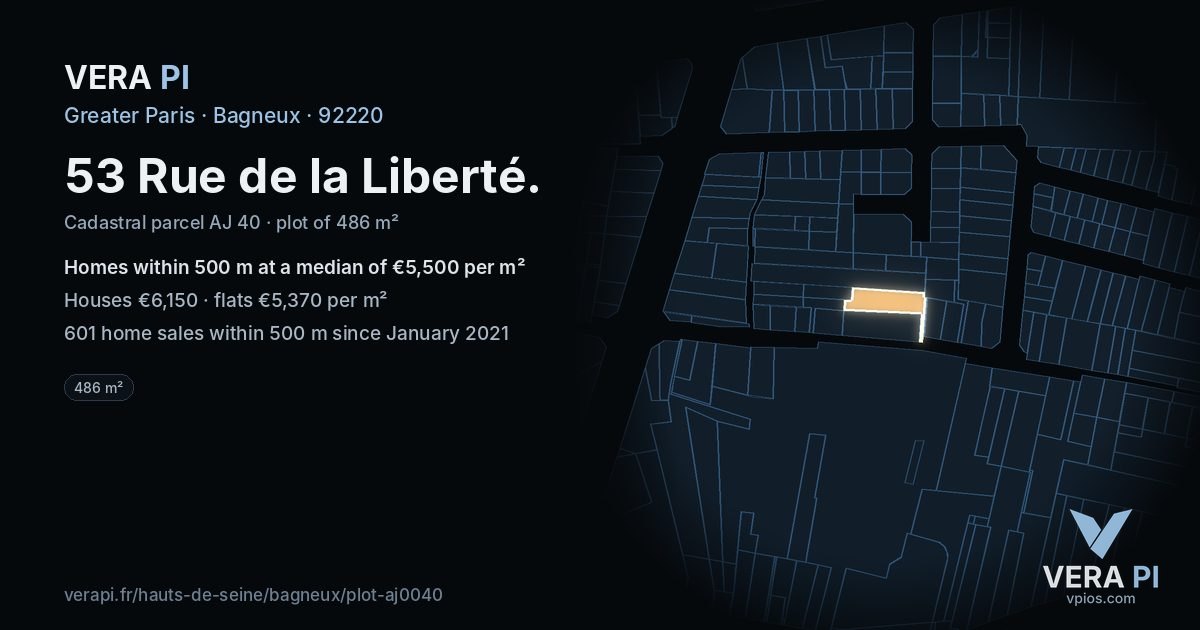 53 Rue de la Liberté, Bagneux at night – the plot lit, the parcels around coloured by the prices near them