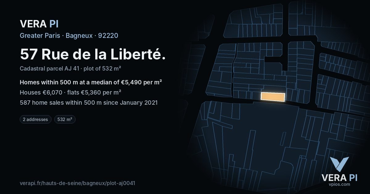 57 Rue de la Liberté, Bagneux at night – the plot lit, the parcels around coloured by the prices near them