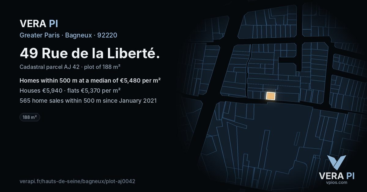 49 Rue de la Liberté, Bagneux at night – the plot lit, the parcels around coloured by the prices near them