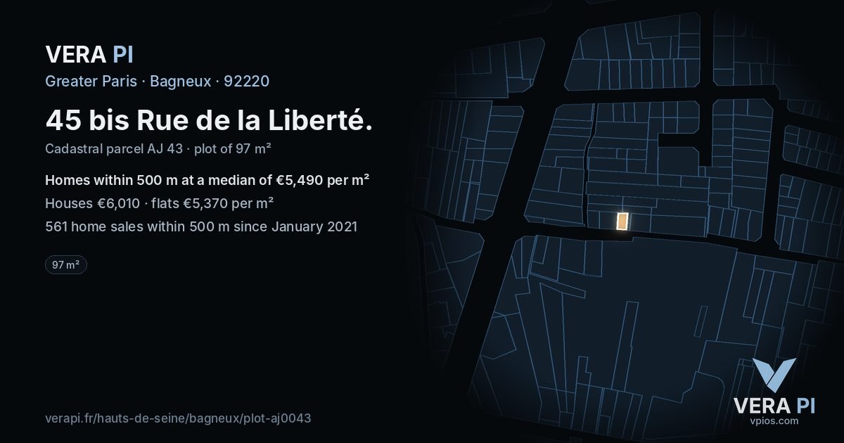 45 bis Rue de la Liberté, Bagneux at night – the plot lit, the parcels around coloured by the prices near them