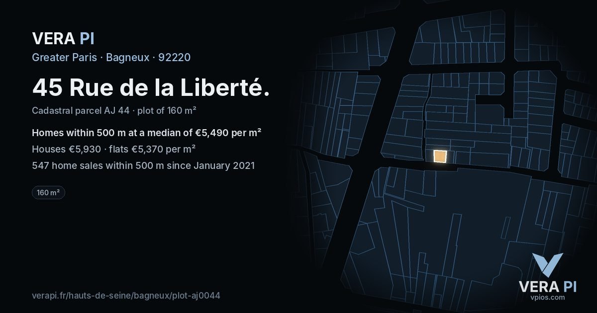 45 Rue de la Liberté, Bagneux at night – the plot lit, the parcels around coloured by the prices near them