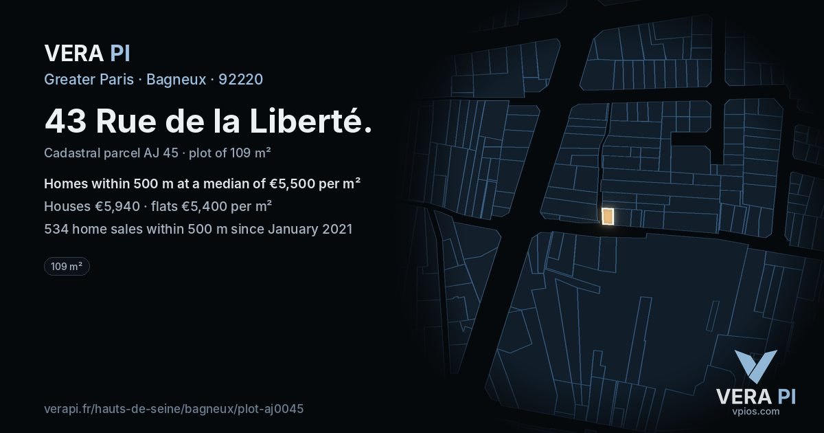 43 Rue de la Liberté, Bagneux at night – the plot lit, the parcels around coloured by the prices near them