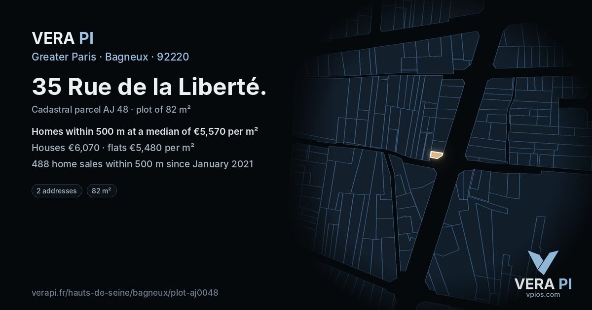35 Rue de la Liberté, Bagneux at night – the plot lit, the parcels around coloured by the prices near them