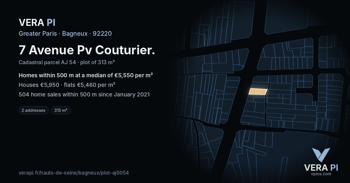 7 Avenue Pv Couturier, Bagneux at night – the plot lit, the parcels around coloured by the prices near them