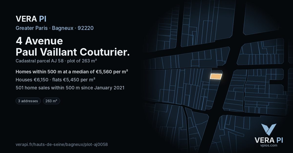 4 Avenue Paul Vaillant Couturier, Bagneux at night – the plot lit, the parcels around coloured by the prices near them