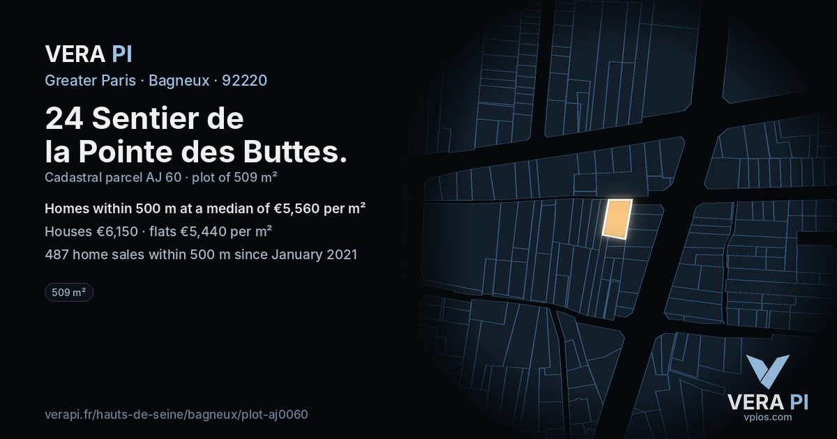 24 Sentier de la Pointe des Buttes, Bagneux at night – the plot lit, the parcels around coloured by the prices near them