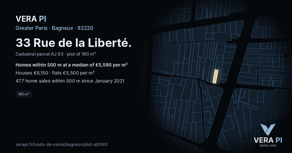 33 Rue de la Liberté, Bagneux at night – the plot lit, the parcels around coloured by the prices near them