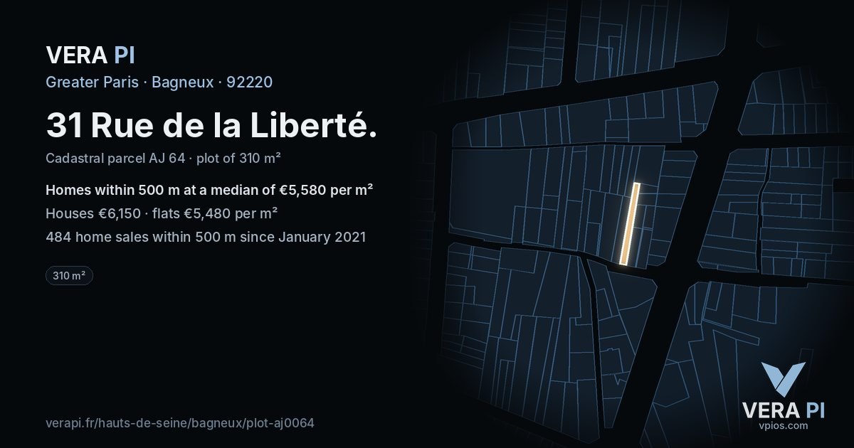 31 Rue de la Liberté, Bagneux at night – the plot lit, the parcels around coloured by the prices near them