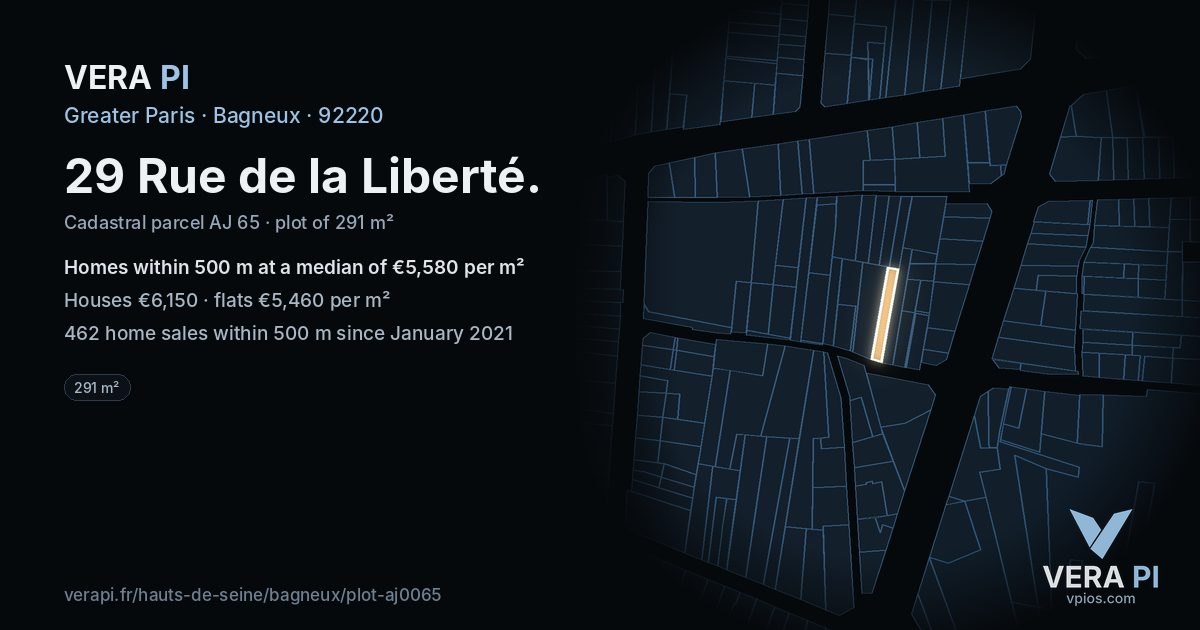 29 Rue de la Liberté, Bagneux at night – the plot lit, the parcels around coloured by the prices near them