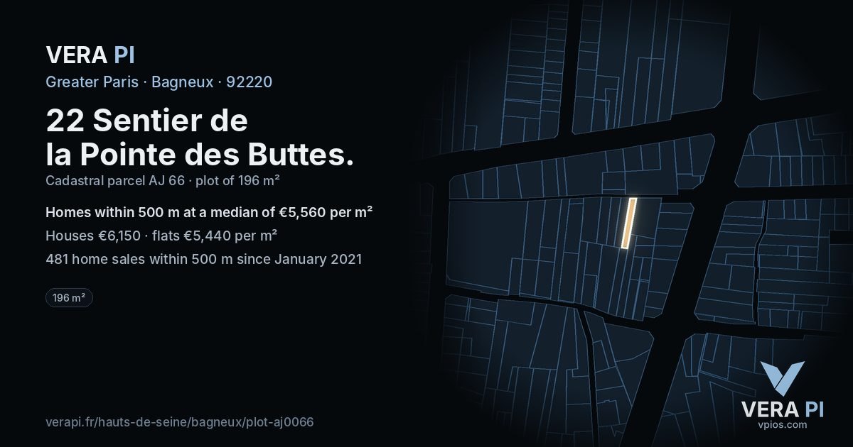 22 Sentier de la Pointe des Buttes, Bagneux at night – the plot lit, the parcels around coloured by the prices near them
