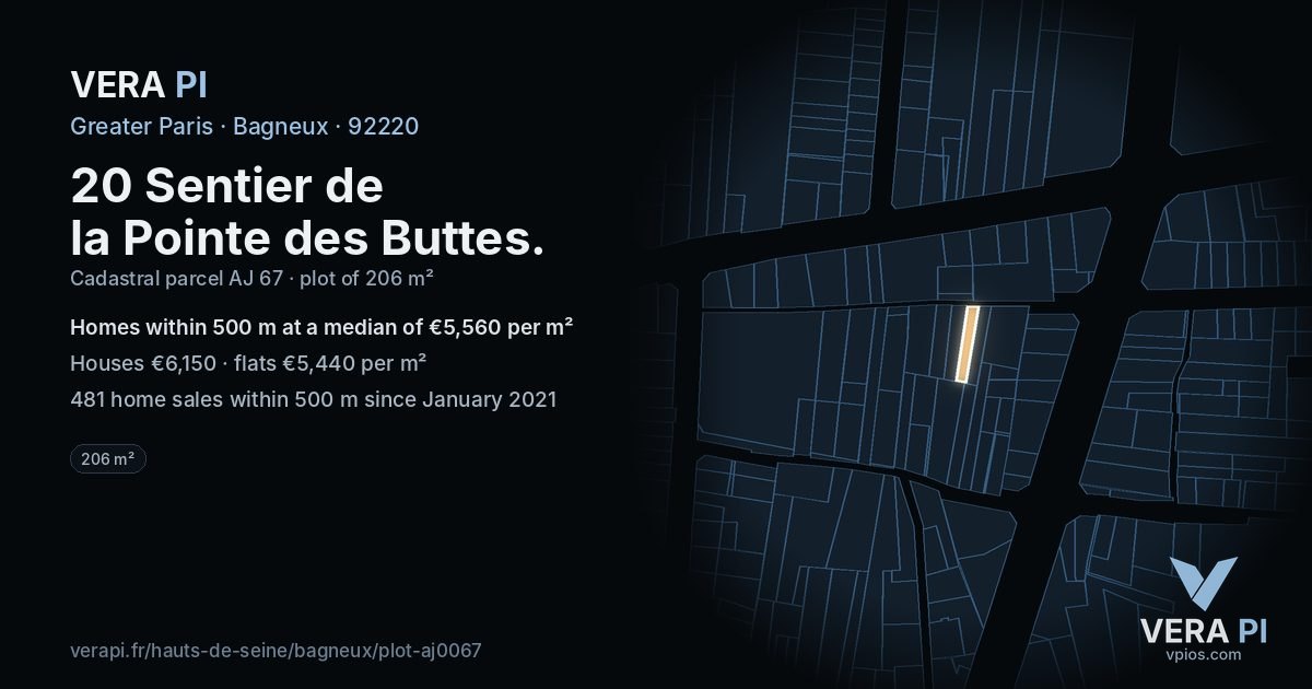 20 Sentier de la Pointe des Buttes, Bagneux at night – the plot lit, the parcels around coloured by the prices near them