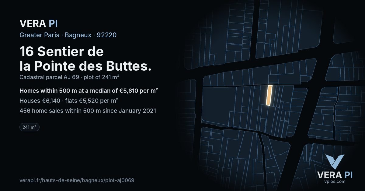 16 Sentier de la Pointe des Buttes, Bagneux at night – the plot lit, the parcels around coloured by the prices near them