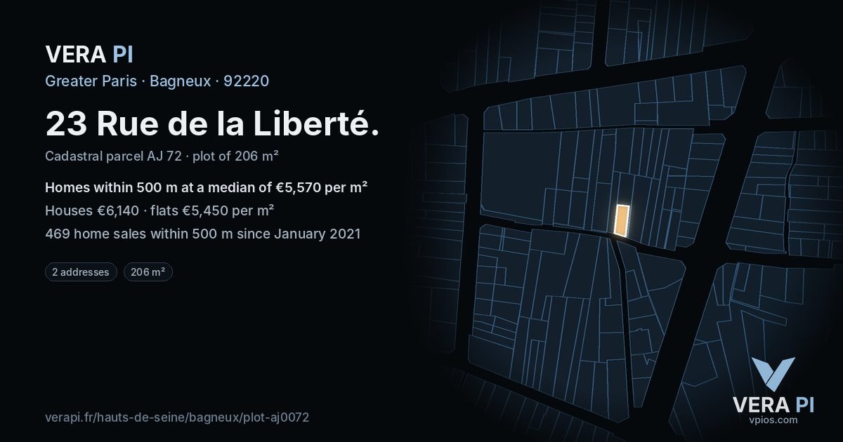 23 Rue de la Liberté, Bagneux at night – the plot lit, the parcels around coloured by the prices near them