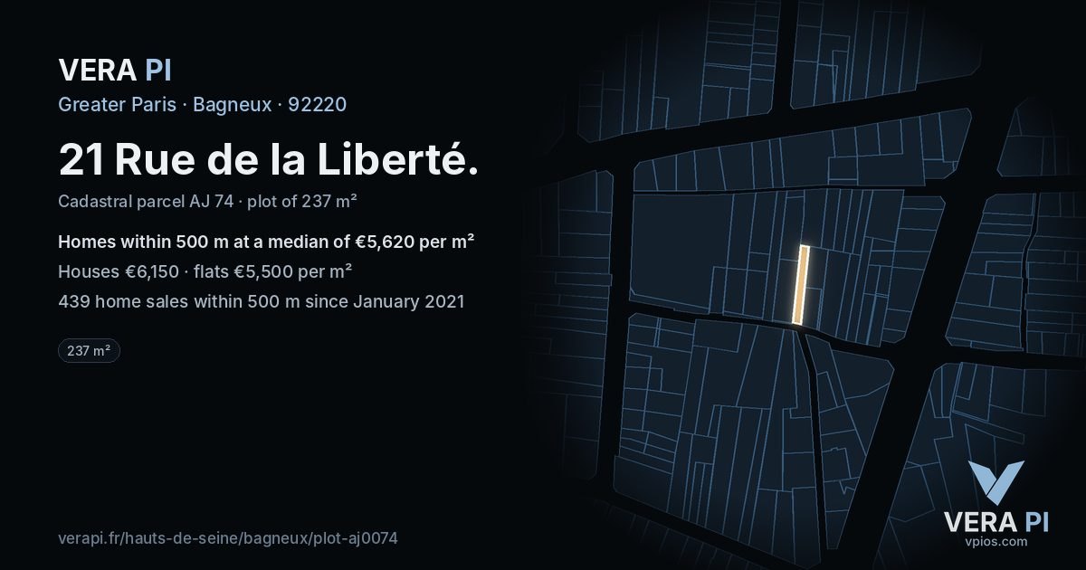 21 Rue de la Liberté, Bagneux at night – the plot lit, the parcels around coloured by the prices near them
