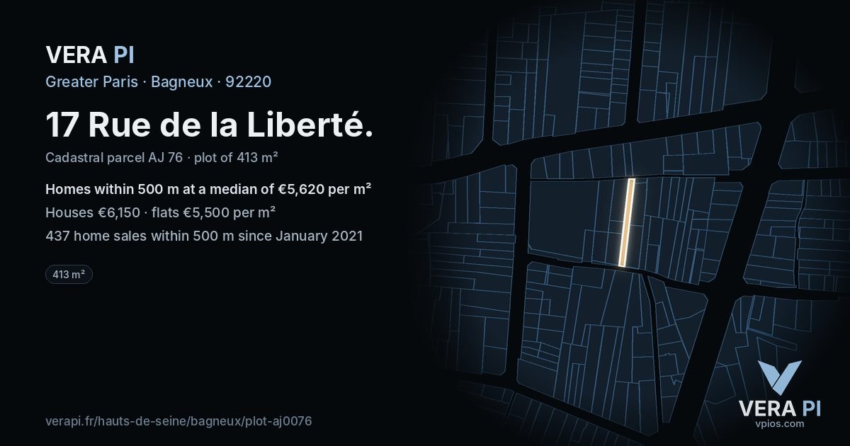 17 Rue de la Liberté, Bagneux at night – the plot lit, the parcels around coloured by the prices near them