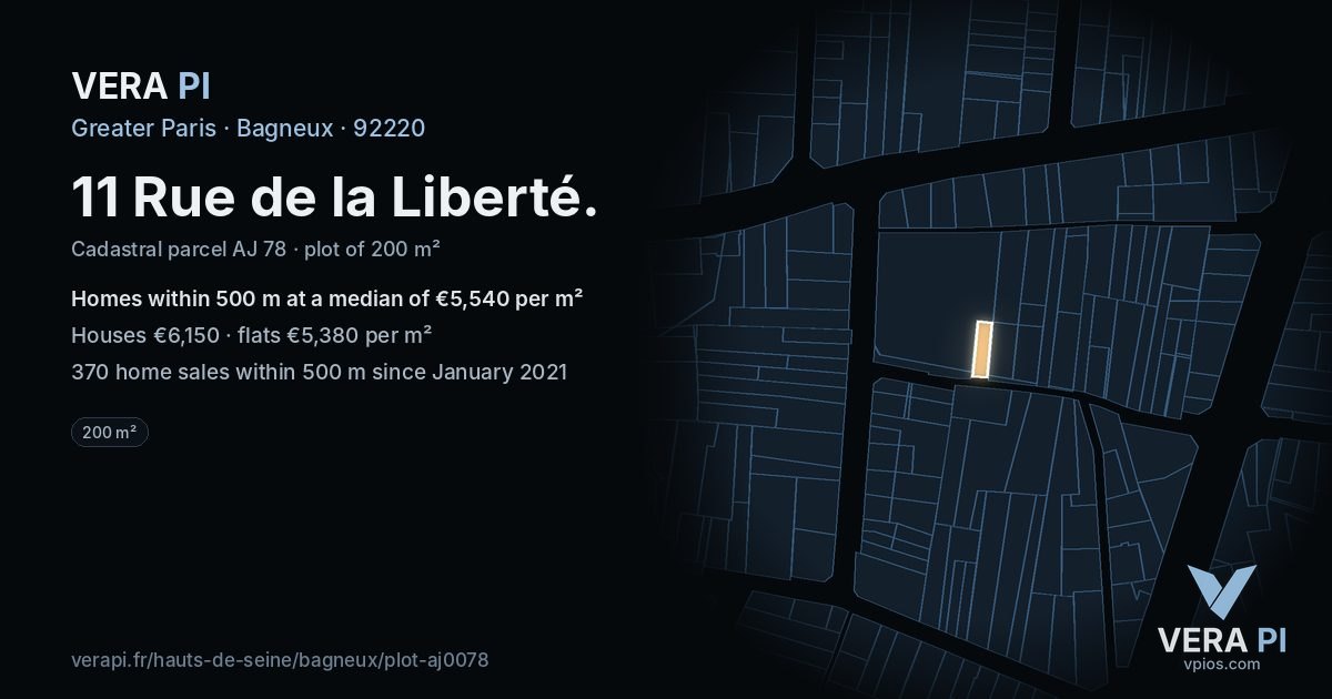 11 Rue de la Liberté, Bagneux at night – the plot lit, the parcels around coloured by the prices near them