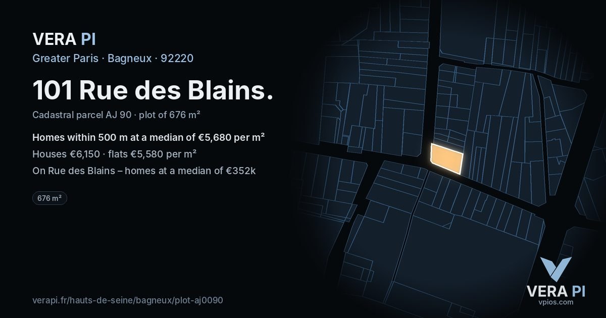 101 Rue des Blains, Bagneux at night – the plot lit, the parcels around coloured by the prices near them
