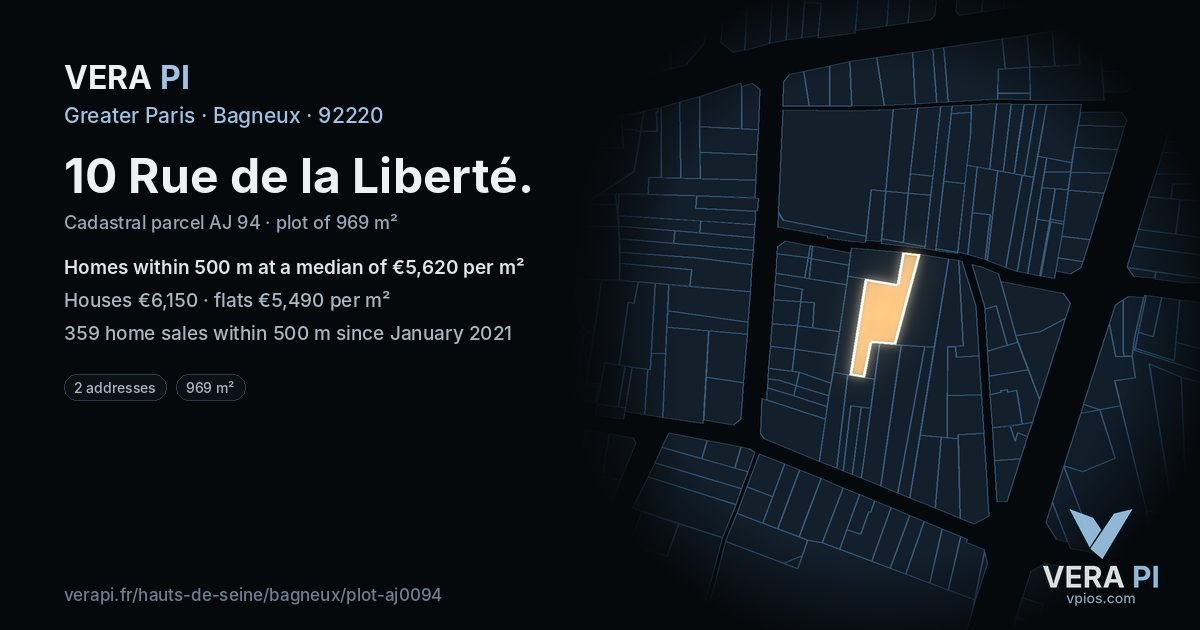10 Rue de la Liberté, Bagneux at night – the plot lit, the parcels around coloured by the prices near them