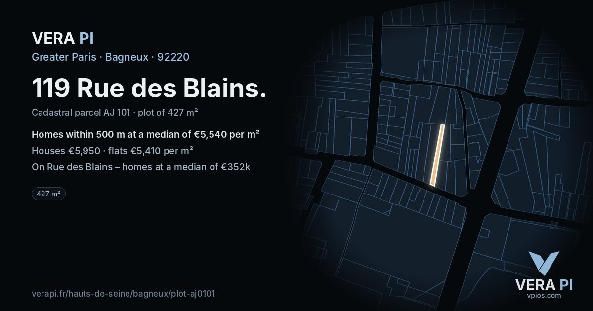 119 Rue des Blains, Bagneux at night – the plot lit, the parcels around coloured by the prices near them