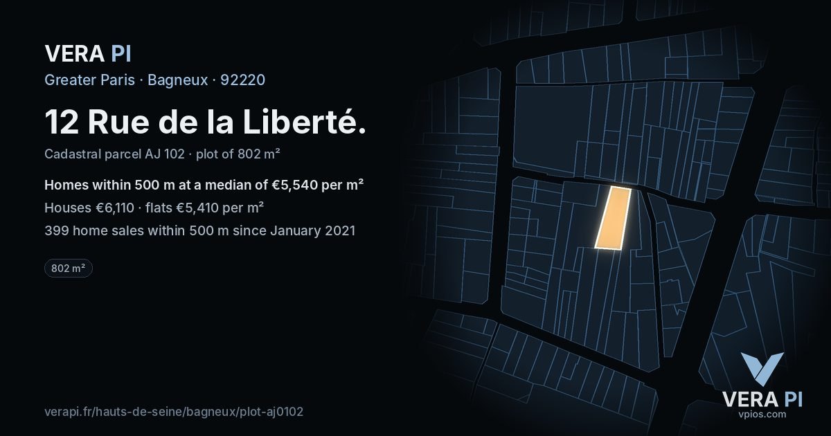 12 Rue de la Liberté, Bagneux at night – the plot lit, the parcels around coloured by the prices near them