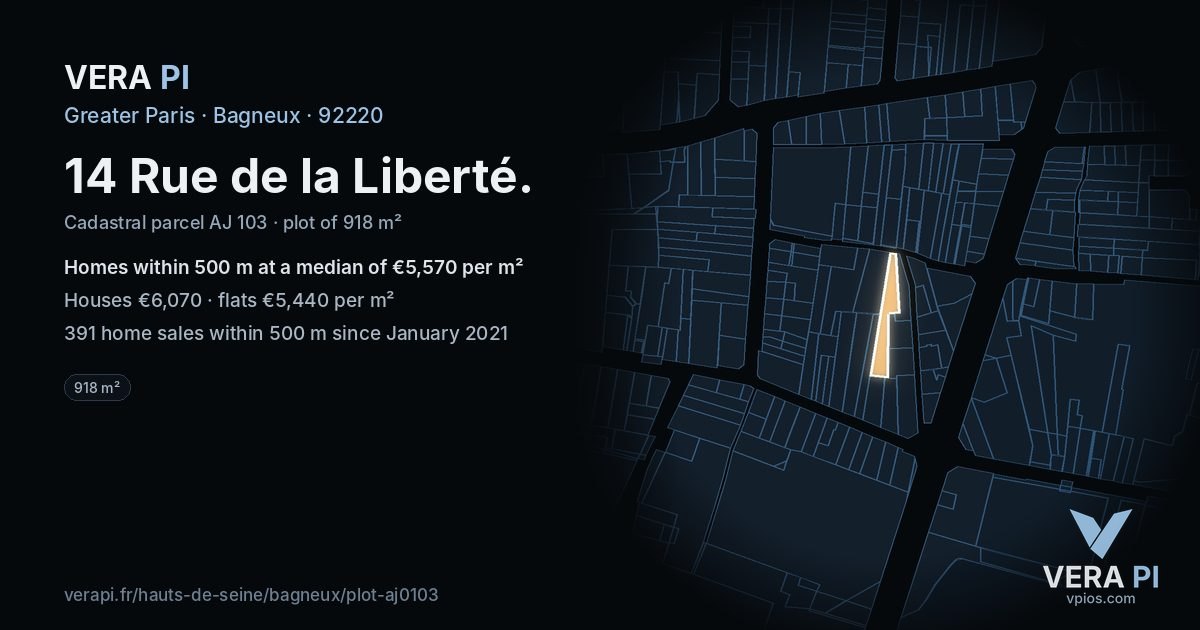 14 Rue de la Liberté, Bagneux at night – the plot lit, the parcels around coloured by the prices near them