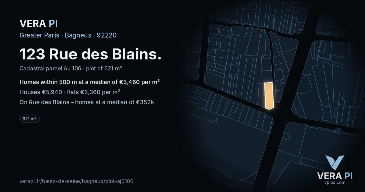 123 Rue des Blains, Bagneux at night – the plot lit, the parcels around coloured by the prices near them