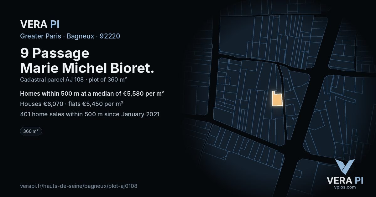 9 Passage Marie Michel Bioret, Bagneux at night – the plot lit, the parcels around coloured by the prices near them