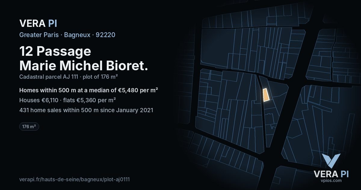 12 Passage Marie Michel Bioret, Bagneux at night – the plot lit, the parcels around coloured by the prices near them